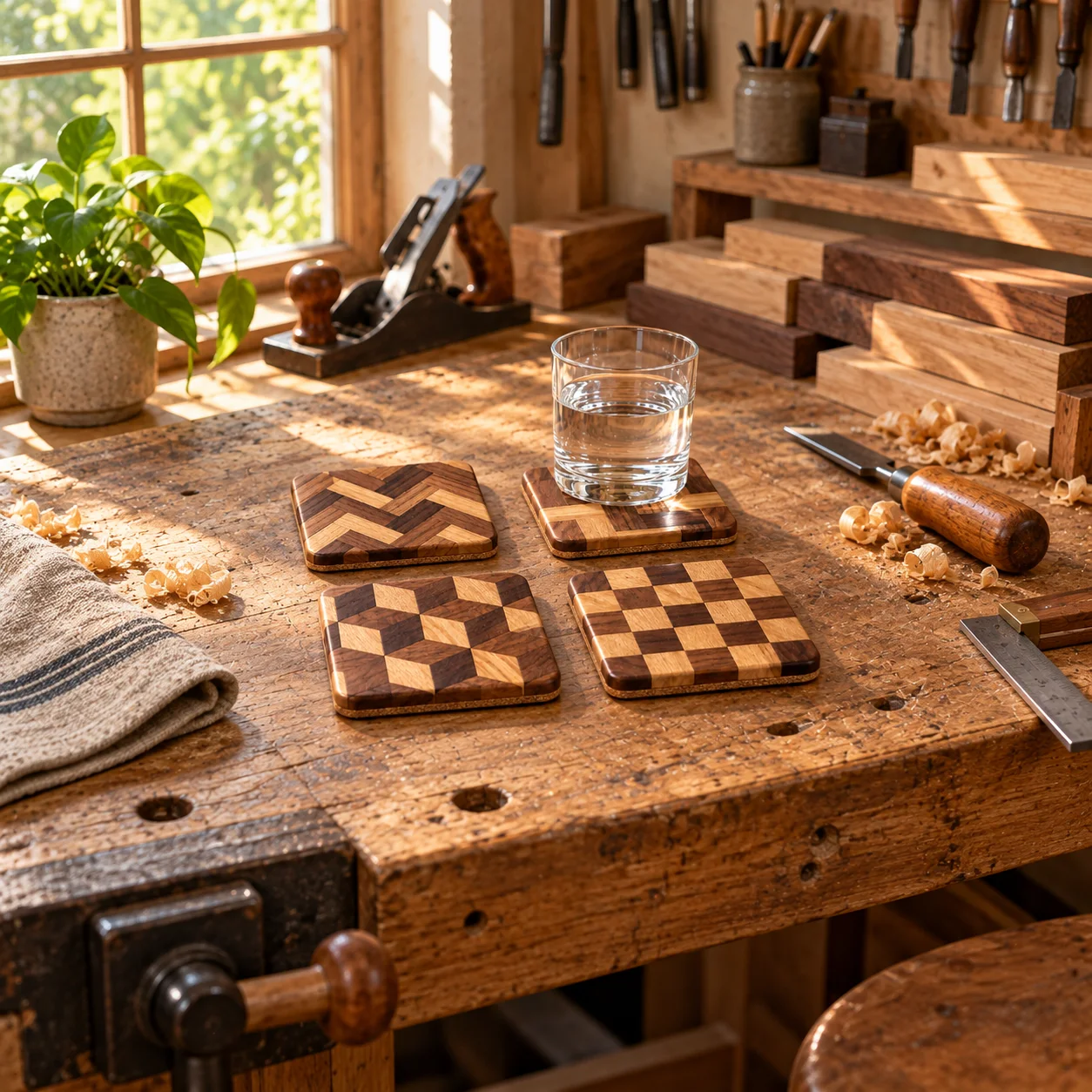 Posavasos de parquet amb un got per mostrar-ne l’ús